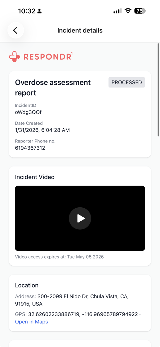 Respondr incident details screen with report, video, and location