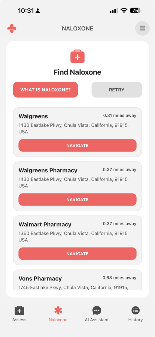 Respondr naloxone screen showing nearby pharmacy locations